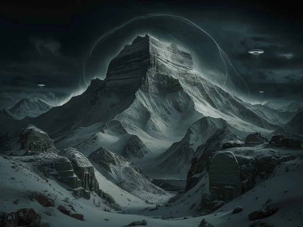 a 3d picture of a mountain surrounded by UFO